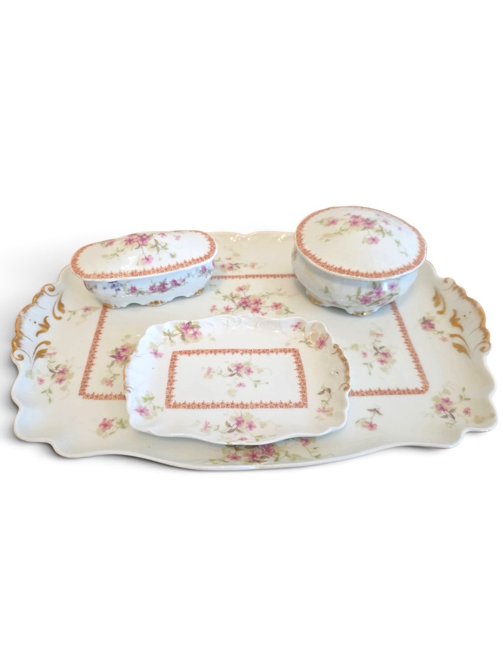 Antique JPL Jean Pouyat Limoges France 4 Pc Floral Vanity Dresser Set